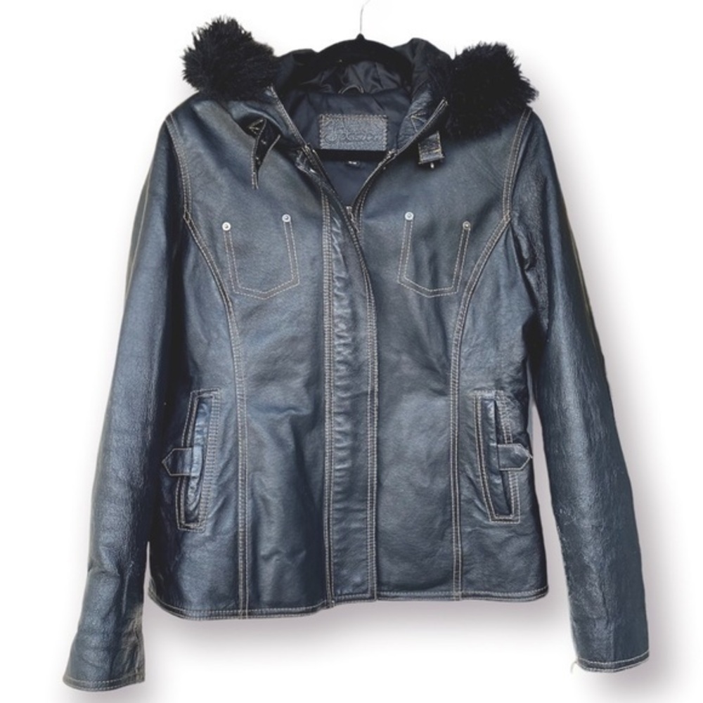 JESSICA Leather Hooded Aviator Jacket Size M